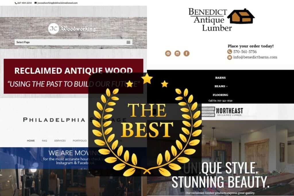 Four screenshots of websites for reclaimed wood construction companies in Pennsylvania. In the center of the image is a golden crest on a black, partially-transparent background with the words "The Best."