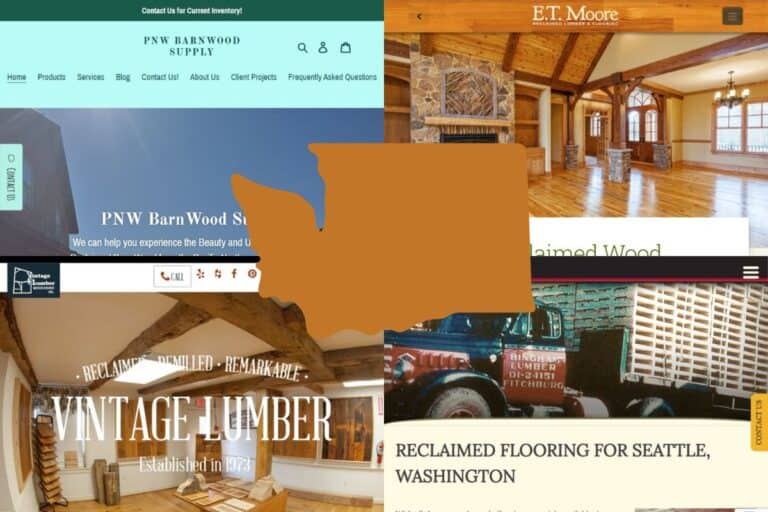 Screenshots of the websites of four of the Best Reclaimed Wood Construction Companies in Washington. In the center of the image is an outline map of the state of Washington filled with brown.