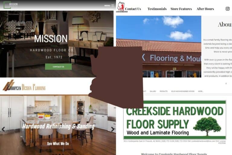 Screenshots of the websites of four of the Best Engineered Wood Construction Companies in Arizona. In the center of the image is an outline map of Arizona filled with brown.