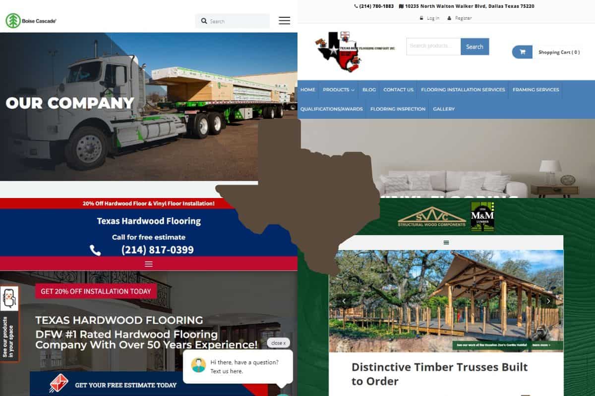 Screenshots of the websites of four of the Best Engineered Wood Construction Companies in Texas. In the center of the image is an outline map of the state of Texas filled with brown.