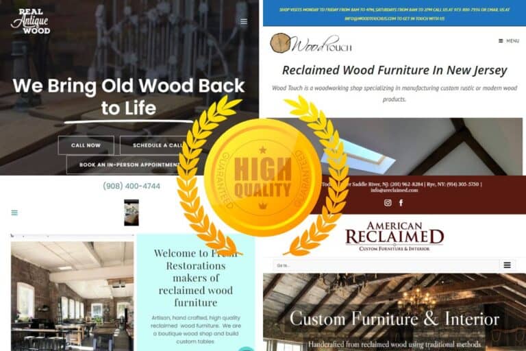 A series of four screenshots showing the websites of the best reclaimed wood construction companies in New Jersey. In the center of the image is a golden crest with the words "High Quality."