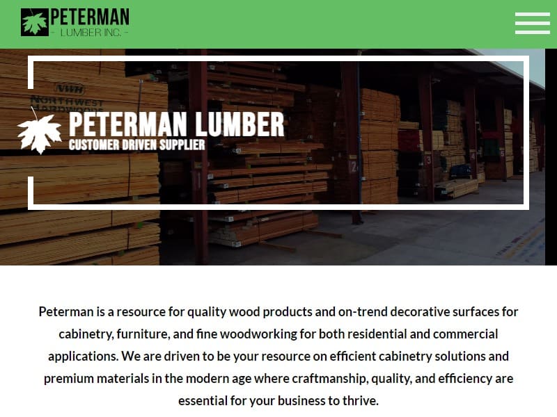 A screenshot of the Peterman Lumber, Inc. website.