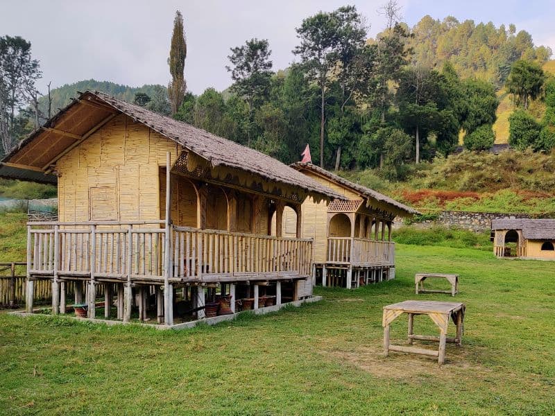 Bamboo buildings with sloped roofs and balconies in a field surrounded by forest.