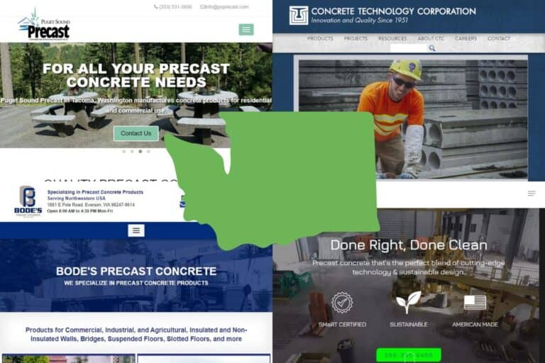 Screenshots of the websites of four of the best precast concrete construction companies in Washington. In the center of the image is an outline map of the state of Washington filled with green.