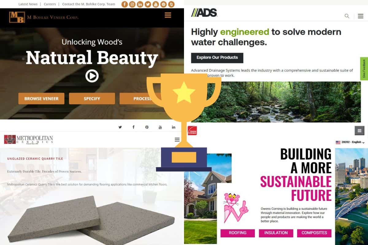 Four screenshots of the websites featured in the article entitled "best 13 sustainable building material companies in Ohio." In the center of the image is a cartoon golden trophy with a yellow star on the front.