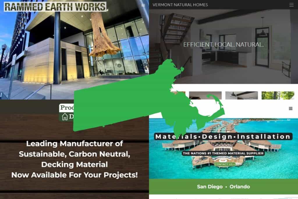 Screenshots of the websites of four of the Best 15 Green Building Material Companies in Massachusetts. In the center of the image is an outline map of the state of Massachusetts filled with green.