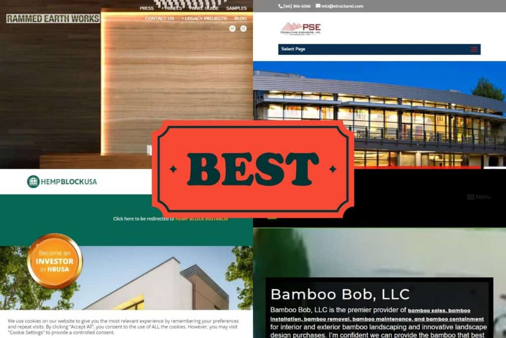 Four screenshots of websites of the best green building material companies in New Jersey. A red badge with "Best" written on it is in the center of the image.