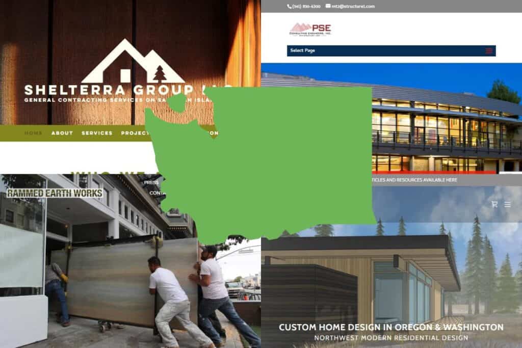 Screenshots of the websites of four of the best green building material companies in Washington. In the center of the image is an outline map of the state of Washington filled with green.