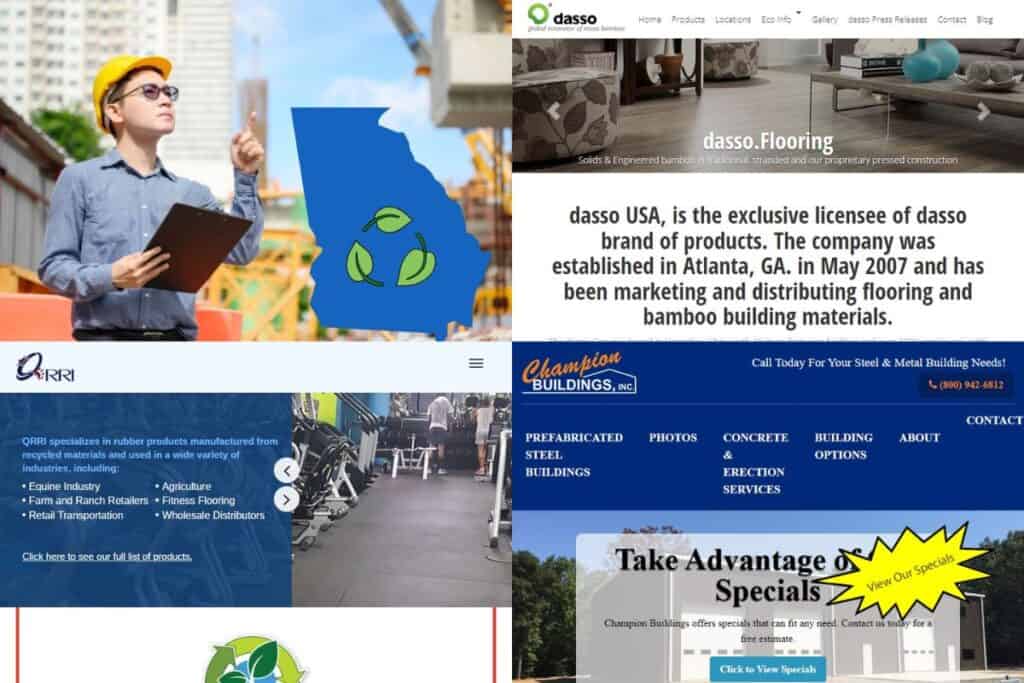 Screenshots taken from the websites of the best sustainable building companies in Georgia, and an image showing a construction manager with a yellow hard hat and clipboard pointing towards a map of the state of Georgia with green leaves arranged in a circle.