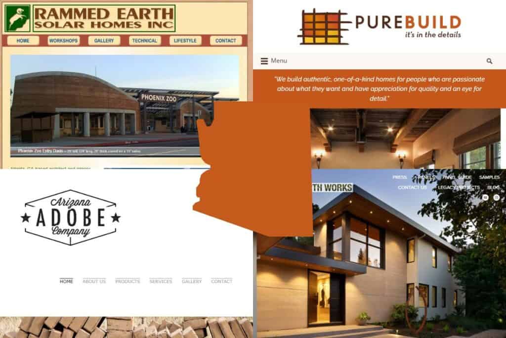 Screenshots of the websites of four of the best sustainable building material companies in Arizona. In the center of the image is an outline map of the state of Arizona filled with orange.