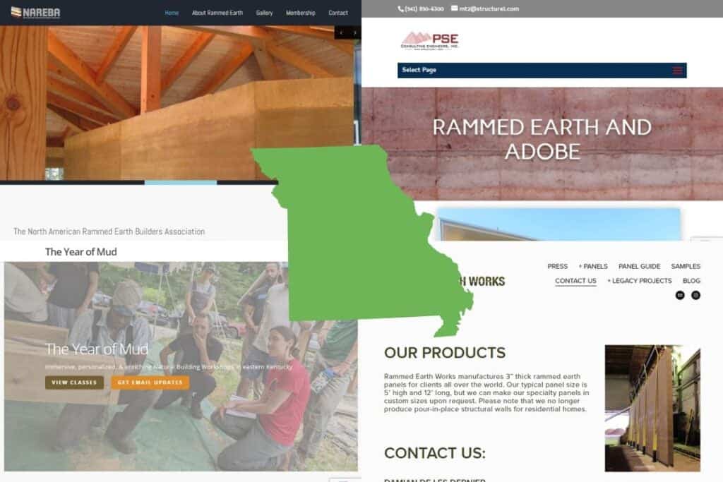 Screenshots of the websites of four of the Best 15 Sustainable Building Material Companies in Missouri. In the center of the image is an outline map of the state of Missouri filled with green.