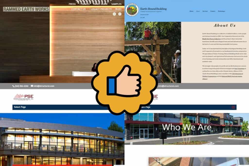 Four screenshots of the websites of the best sustainable building material companies in Virginia. In the center of the image is a thumbs-up icon in a golden cloud.