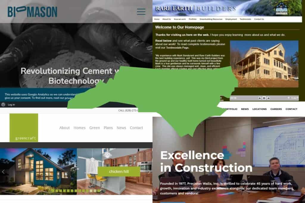 Screenshots of the websites of four of the best green building material companies in North Carolina. In the center of the image is a green cut-out map of the state of North Carolina.