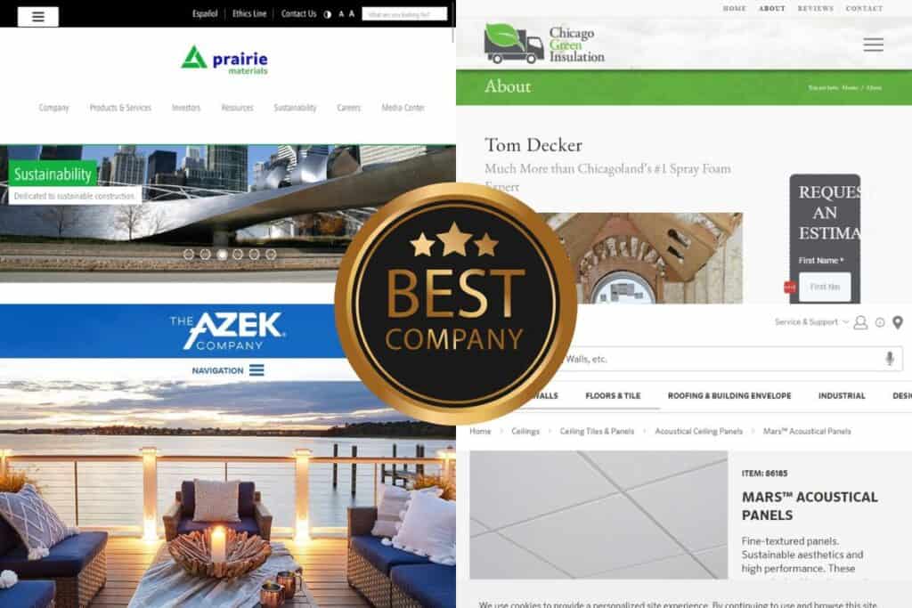 Screenshots of the websites of four of the best sustainable building material companies in Illinois. In the center is a black badge with gold edging and gold writing saying "Best Company" with three gold stars.