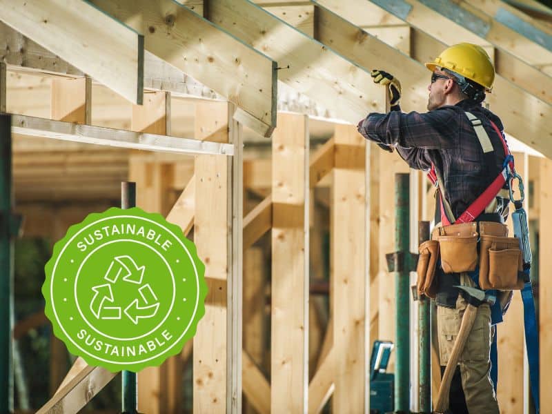 A photograph of a construction worker wearing a yellow hard hat, protective glasses, tool belt, and work clothes, assembling a timber frame for a building. In the lower left of the image is a green sustainability badge with recycling arrows and the word "sustainable."