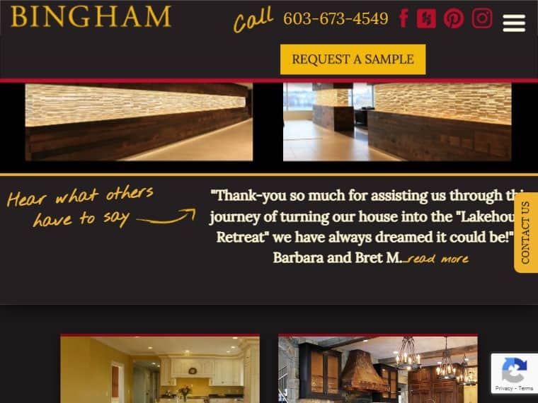 A screenshot of the Bingham Lumber website.