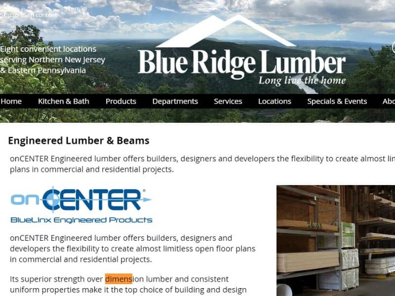 A screenshot of the Blue Ridge Lumber website.