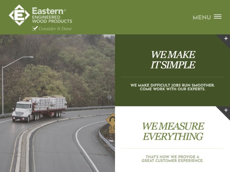 A screenshot of the Eastern Engineered Wood Products website.