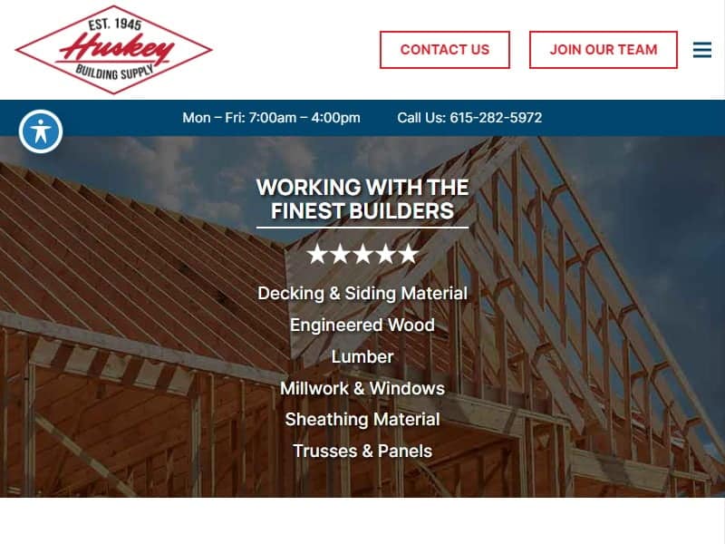 A screenshot of the Huskey Truss & Building Supply website.