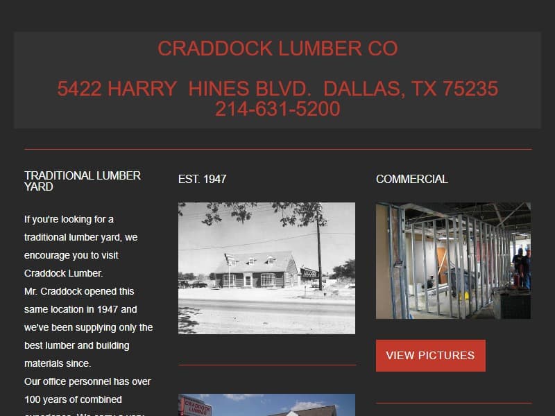 A screenshot of the Craddock Lumber Company website.