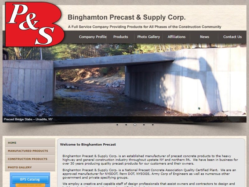 A screenshot of the Binghamton Precast & Supply Corp. website.