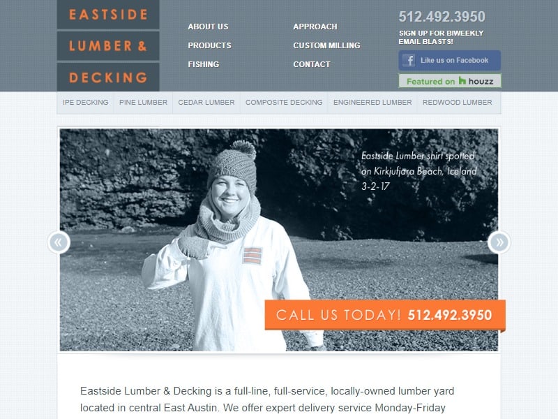 A screenshot of the Eastside Lumber and Decking website.