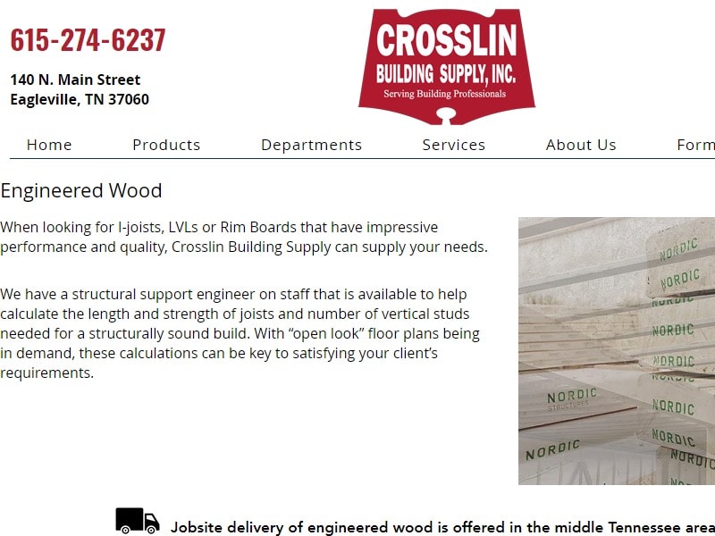 A screenshot of the Crosslin Building Supply, Inc. website.