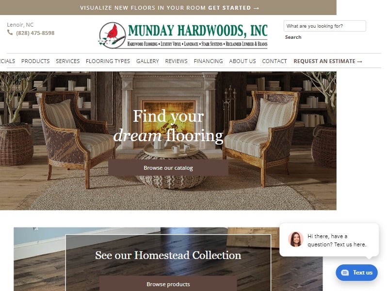 A screenshot of the Munday Hardwoods website.