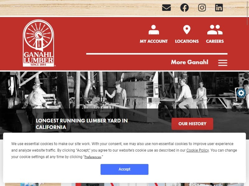 A screenshot of the Ganahl Lumber Company website.