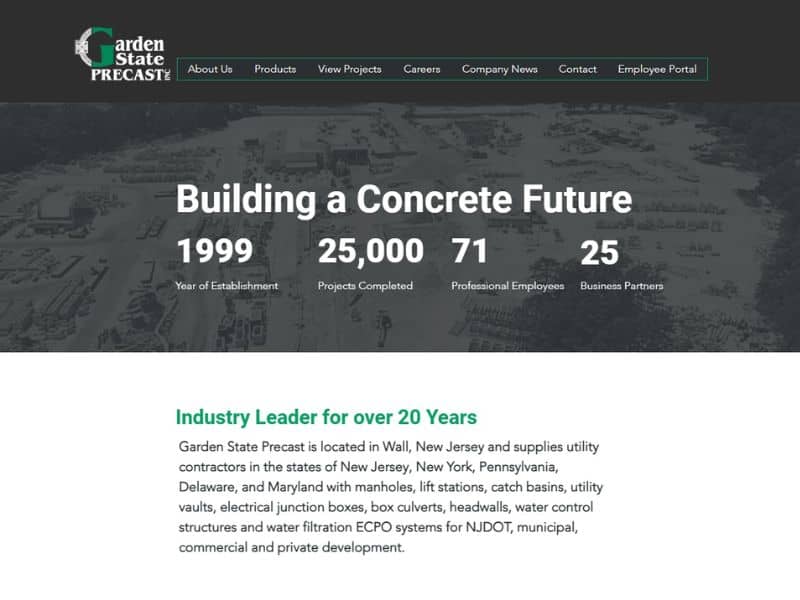 A screenshot of the Garden State Precast Inc. website.