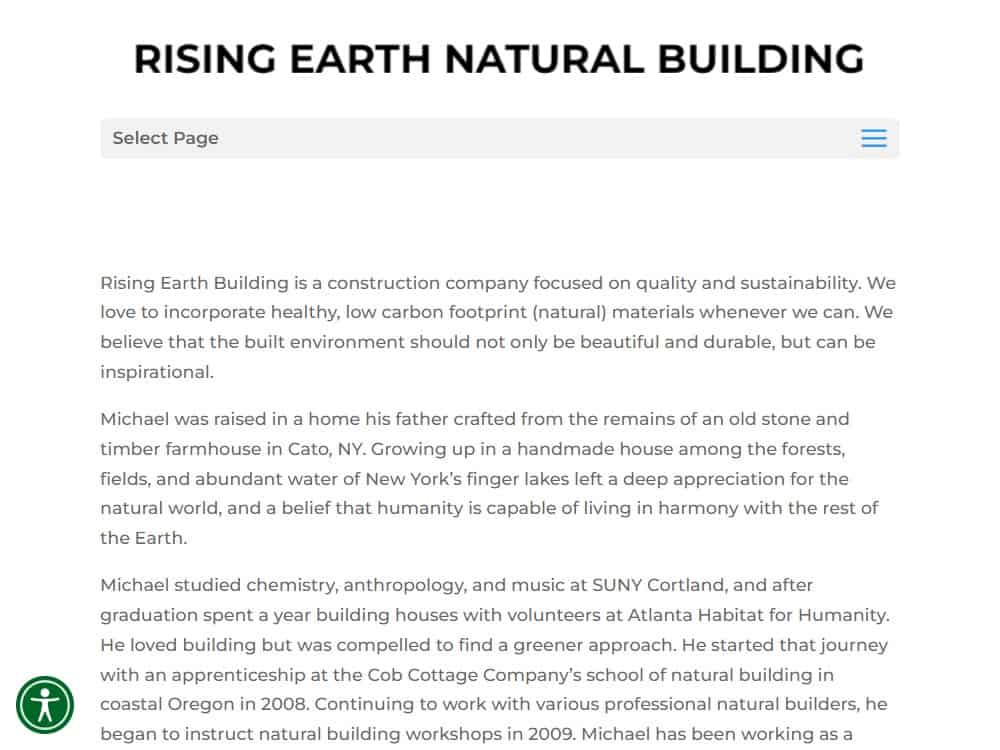 A screenshot of the Rising Earth Natural Building website.