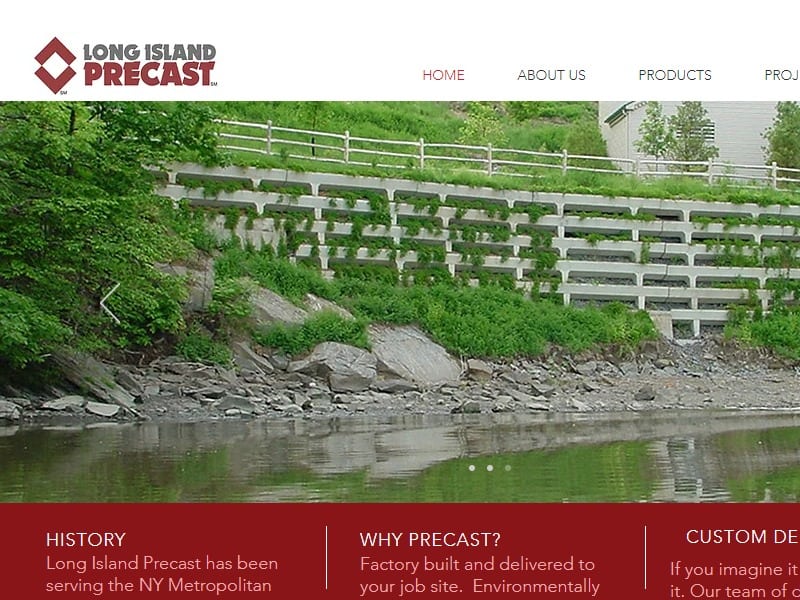 A screenshot of the Long Island Precast website.