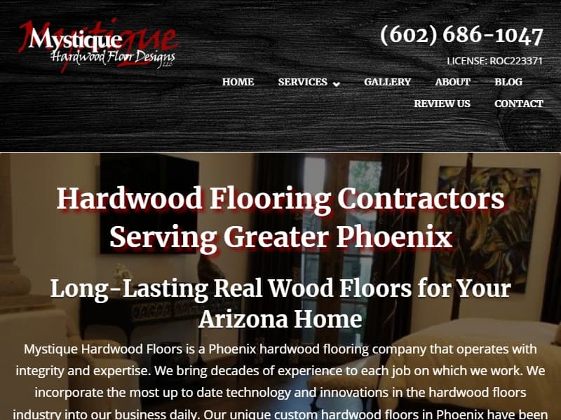 A screenshot of the Mystique Hardwood Floor Designs website.