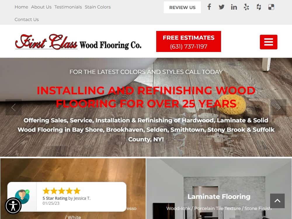 A screenshot of the First Class Wood Flooring website.