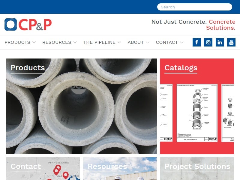 A screenshot of the Concrete Pipe and Precast (CP&P) website.