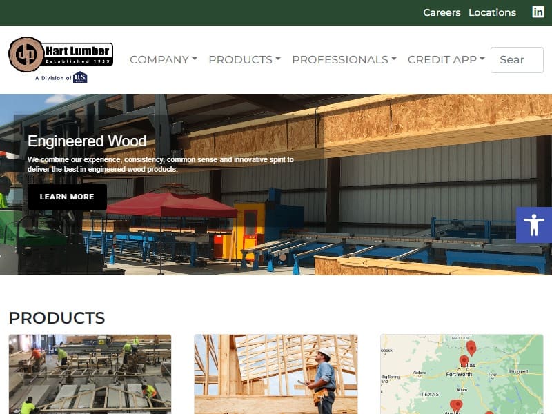 A screenshot of the JP Hart Lumber website.