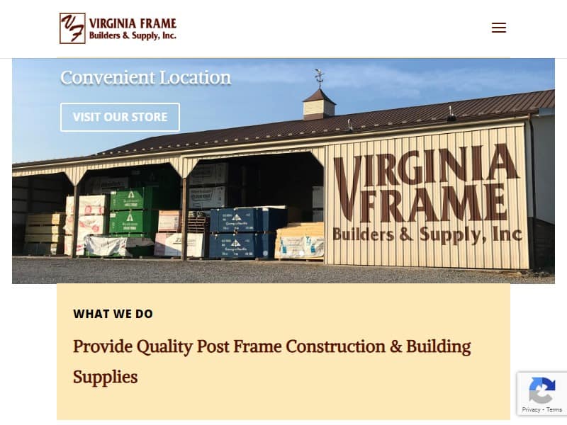 A screenshot of the Virginia Frame Builders & Supply, Inc. website.