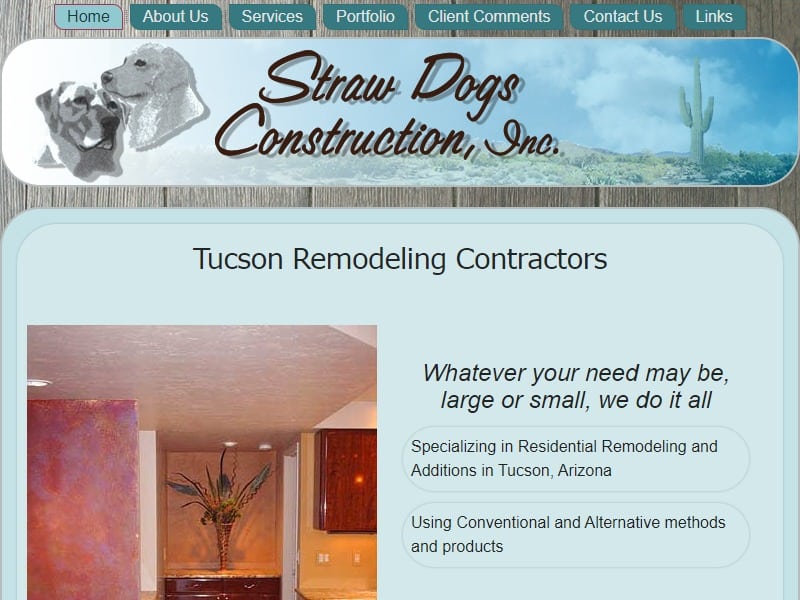 A screenshot of the Straw Dogs Construction, Inc. website.