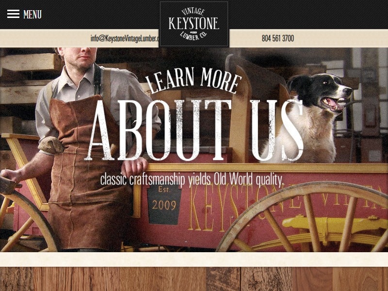 A screenshot of the Keystone Vintage Lumber website.