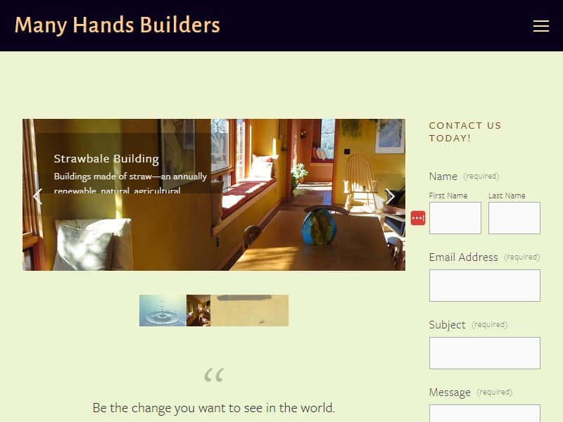 A screenshot of the Many Hands Builders website.