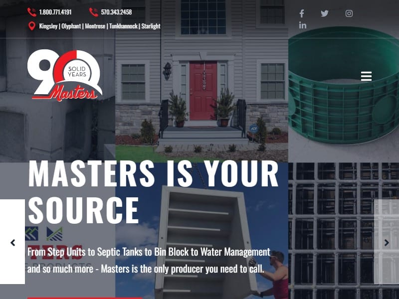 A screenshot of the Masters Concrete website.