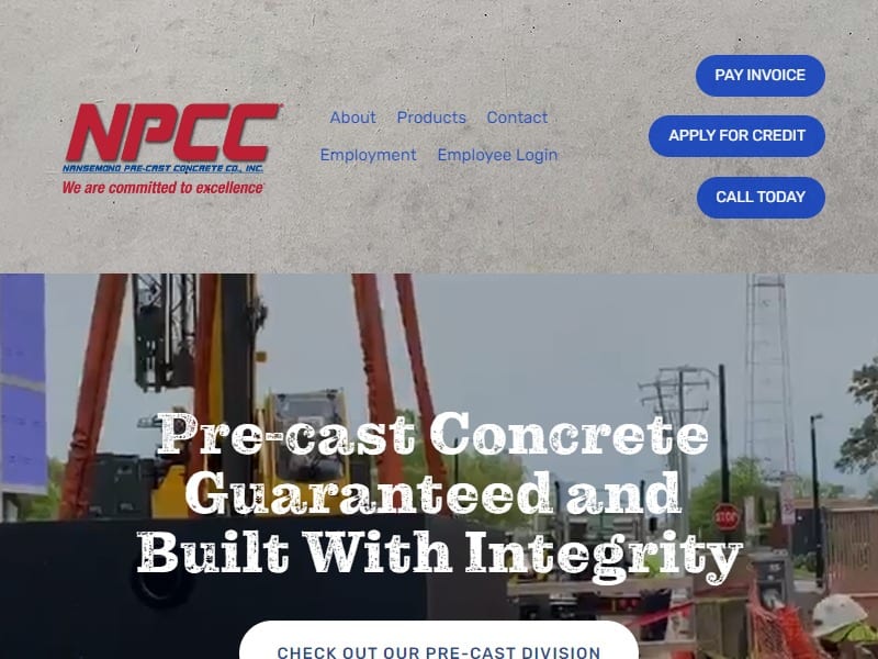 A screenshot of the Nansemond Pre-Cast Concrete Company website.