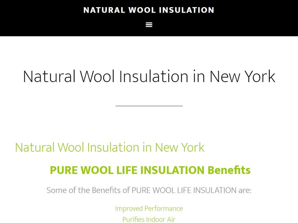 A screenshot of the Natural Wool Insulation website.