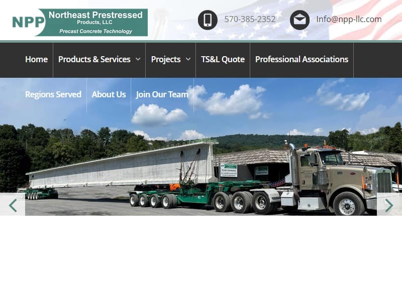 A screenshot of the Northeast Prestressed Products (NPP) website.