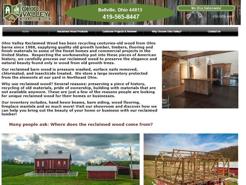 A screenshot of the Ohio Valley Reclaimed Wood website.