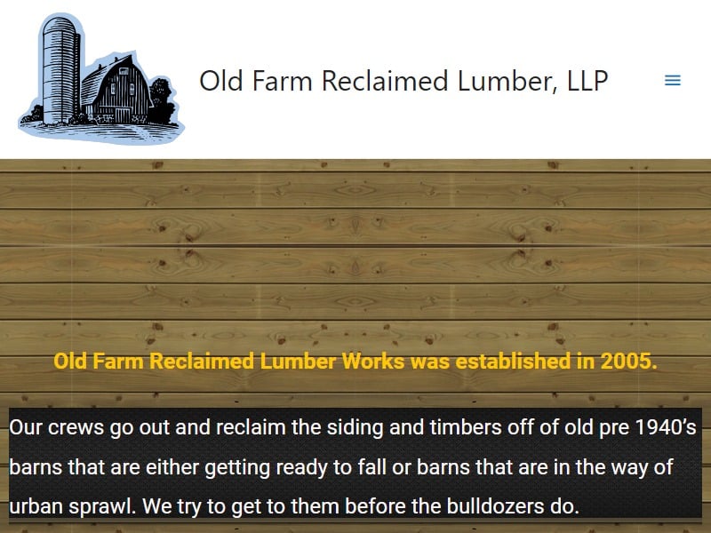 A screenshot of the Old Farm Reclaimed Lumber, LLP website.