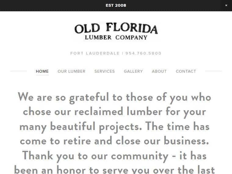 A screenshot of the Old Florida Lumber Company website.