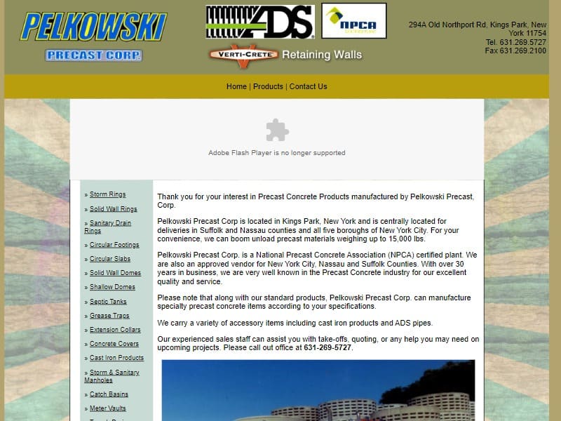 A screenshot of the Pelkowski Precast Corp. website.