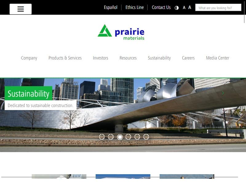 A screenshot of the Prairie Material website.