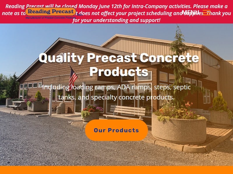 A screenshot of the Reading Precast, Inc. website.